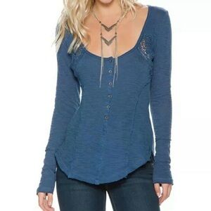 Free People Light Blue Slub Lace Exposed seams Blouse